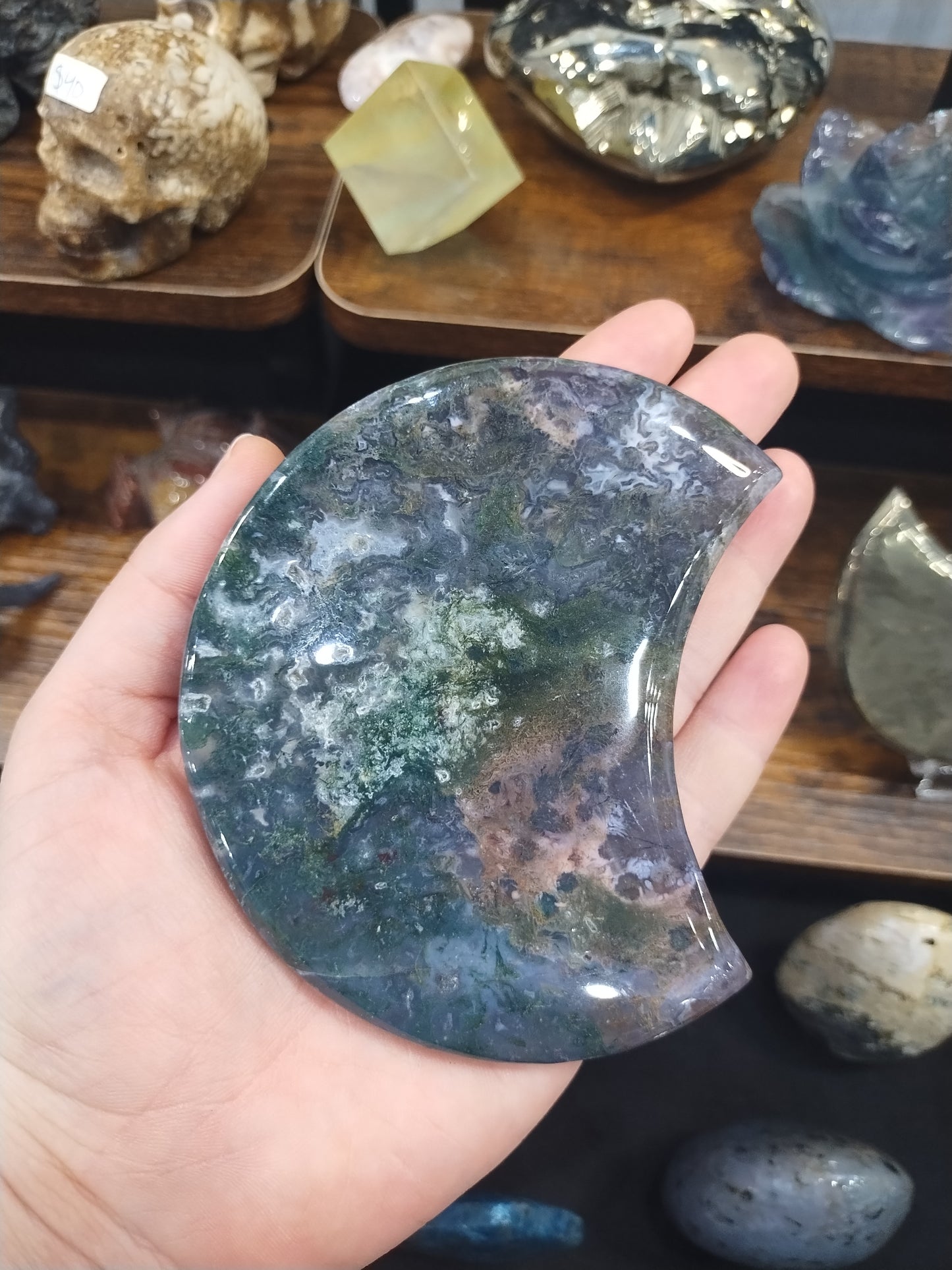 Moss Agate Moon Carving